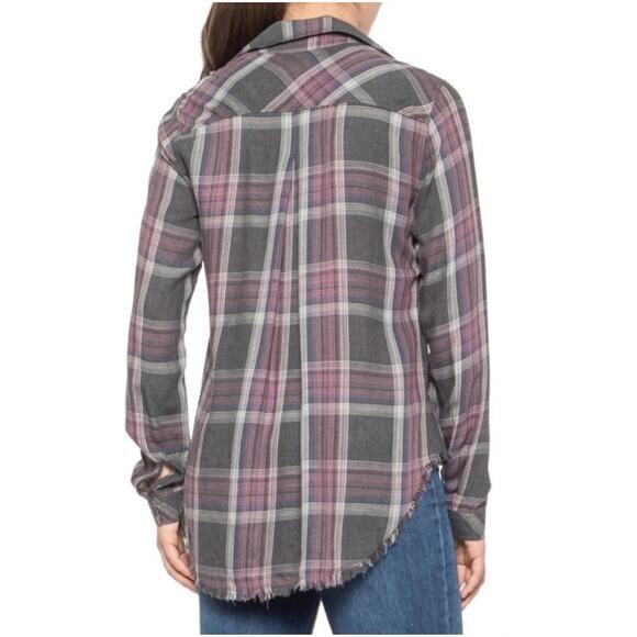 Cloth & Stone Women's High Low Raw Frayed Hem Plaid Button Down Shirt Gray Small - Picture 2 of 13